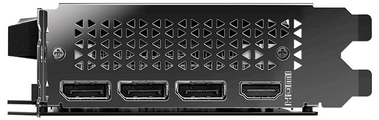 Karta graficzna z trzema portami HDMI na wsporniku, otoczona otworami wentylacyjnymi ułożonymi w kształcie trójkąta.