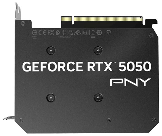 Czarna karta graficzna firmy PNY oznaczona etykietą 'GeForce RTX 5050'.