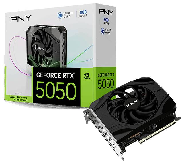 Karta graficzna 'PNY GeForce RTX 5050' z pamięcią 8GB i oznakowaniem 'Stealth Mode', prezentowana obok swojego opakowania z etykietami NVIDIA DLSS i Ray Tracing.