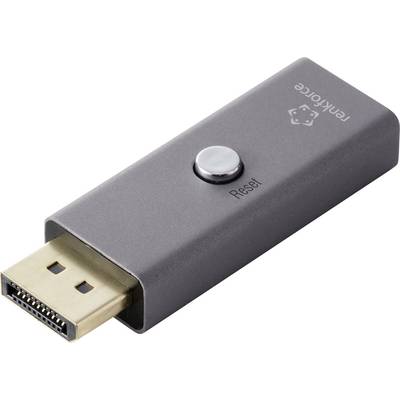 Prostokątne urządzenie elektroniczne z przyciskiem 'Reset', wyposażone w złącze DisplayPort.
