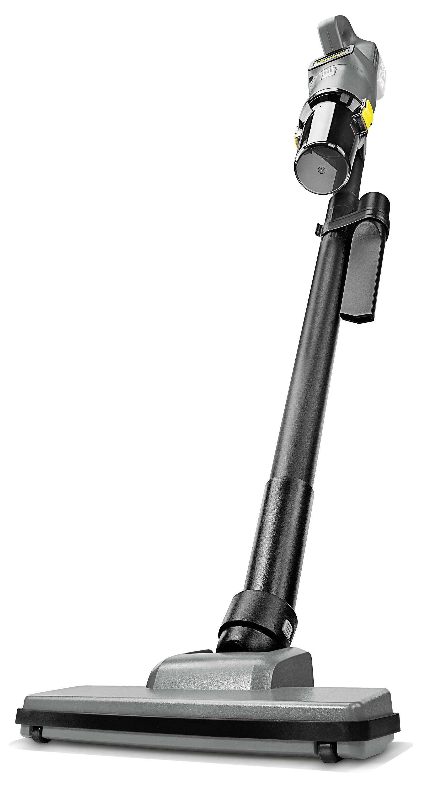 Smukła, nowoczesna odkurzacz o czarno-szarej stylistyce, wyposażony w pionowy drążek oraz kompaktową jednostkę silnikową umieszczoną na górze.