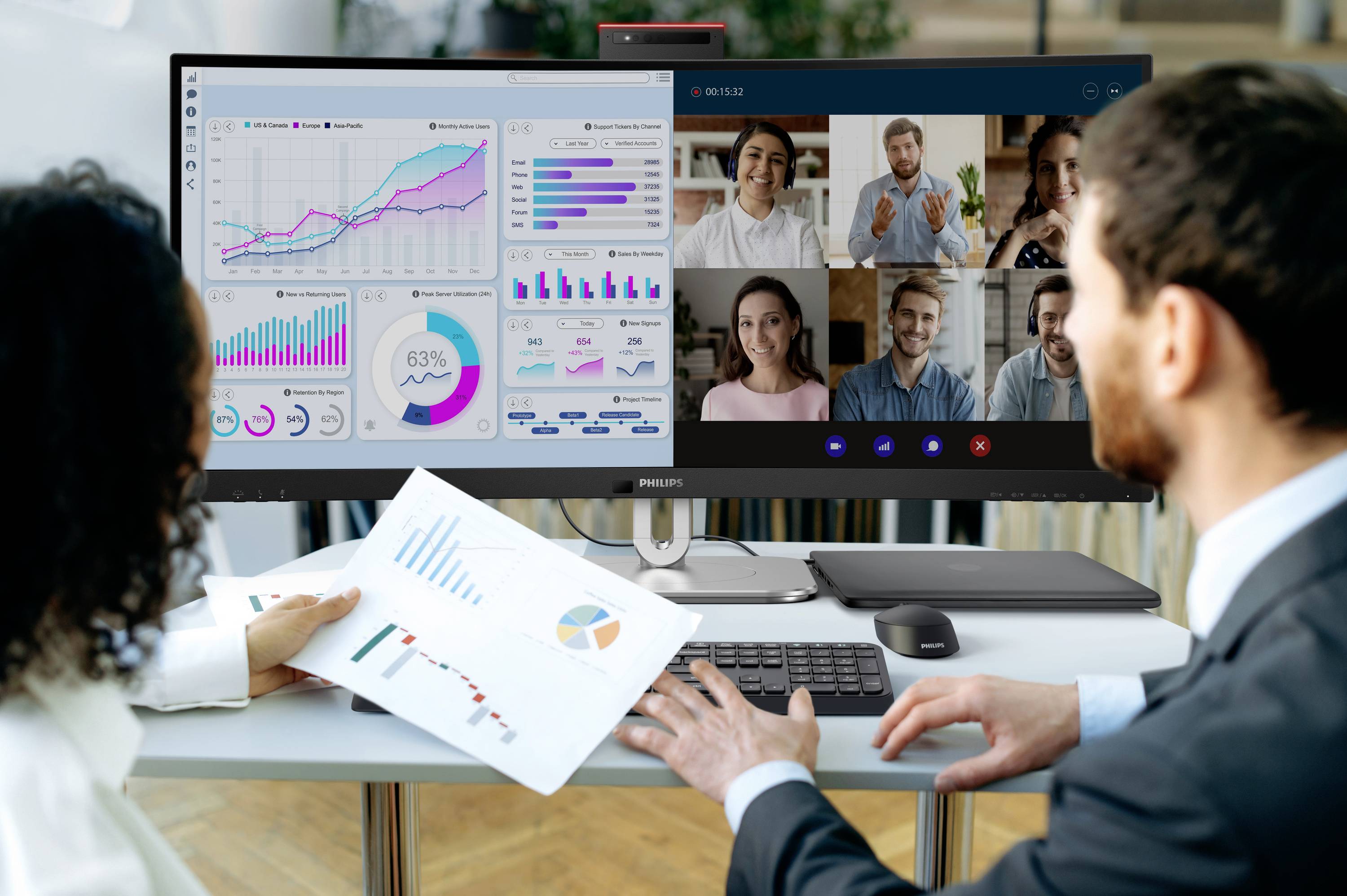 Dwóch ludzi siedzących przy biurku ogląda wideokonferencję na dużym monitorze wyświetlającym wiele wykresów oraz wizerunków uczestników.