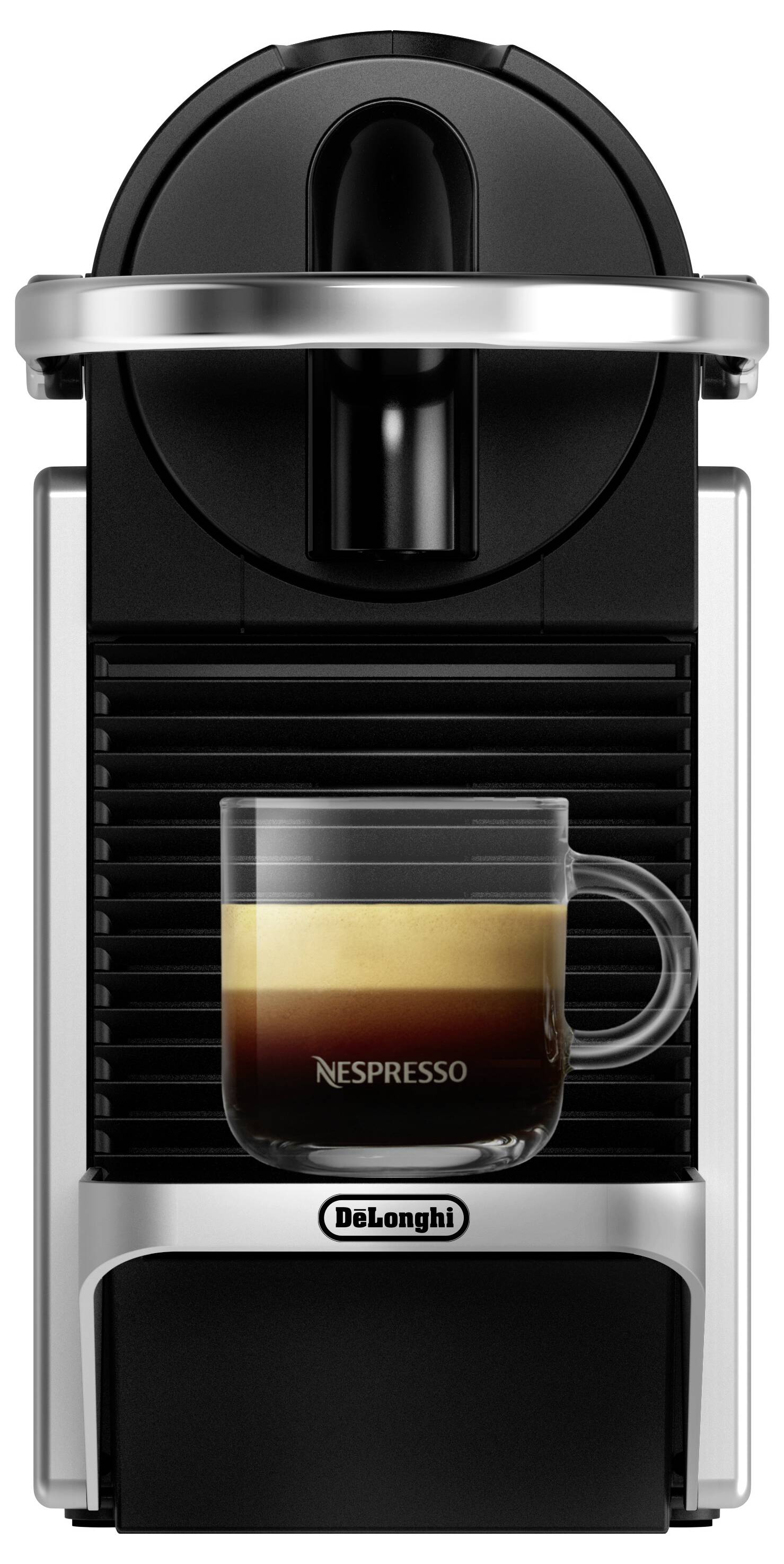 Czarno-srebrny ekspres do espresso z małą szklaną filiżanką kawy espresso na tacy, z napisem "Nespresso" na filiżance i "DeLonghi" na ekspresie.