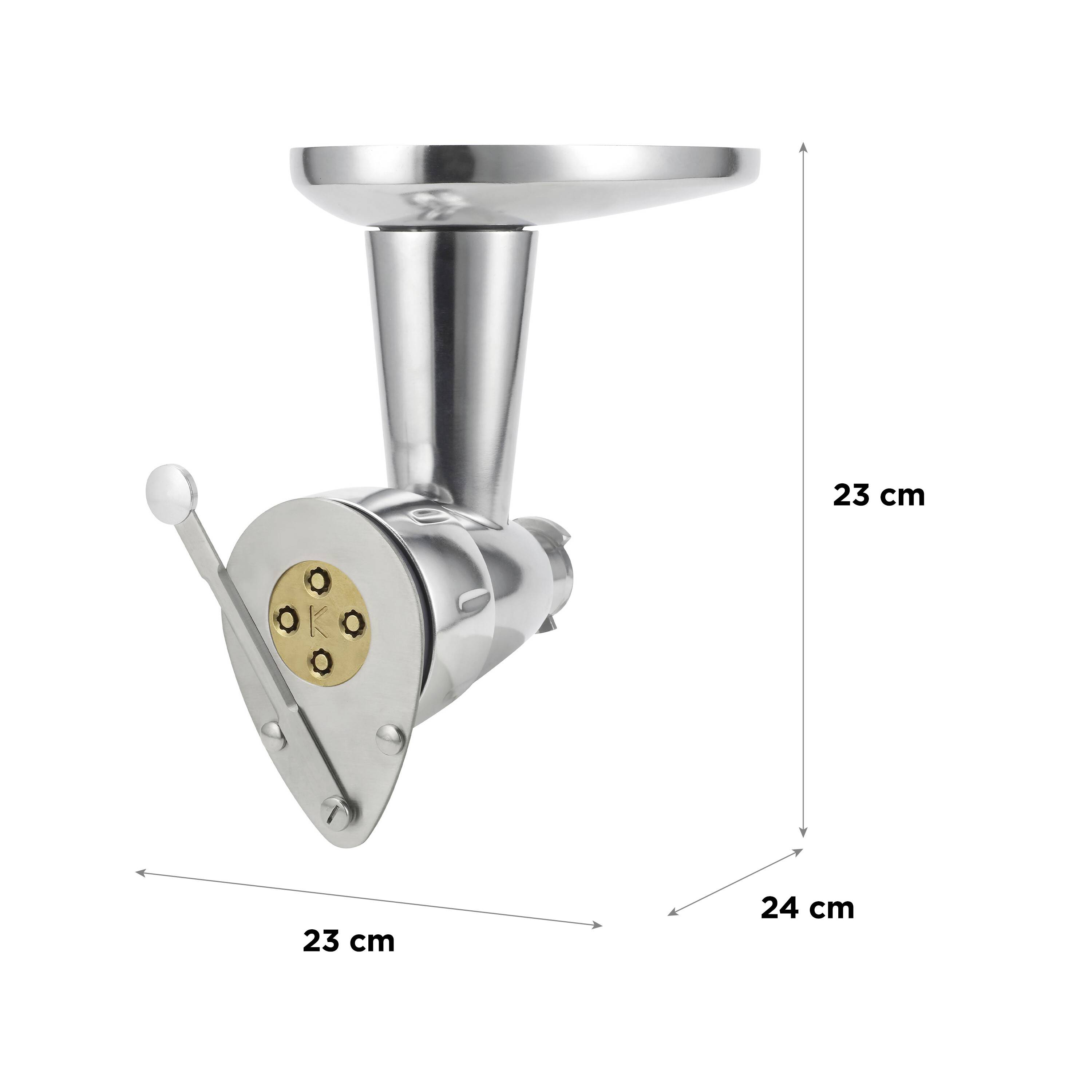 Metalowa maszyna do mielenia o wymiarach: wysokość 23 cm, szerokość 23 cm i głębokość 24 cm. W kolorze srebrnym.
