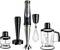 Zestaw sprzętów kuchennych obejmujący blender ręczny, końcówkę do ubijania oraz różne pojemniki do miksowania i siekania.