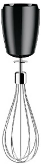 Elegancki czarny mikser elektryczny z wymienną końcówką ze stali nierdzewnej, przeznaczony do mieszania składników podczas gotowania lub pieczenia.