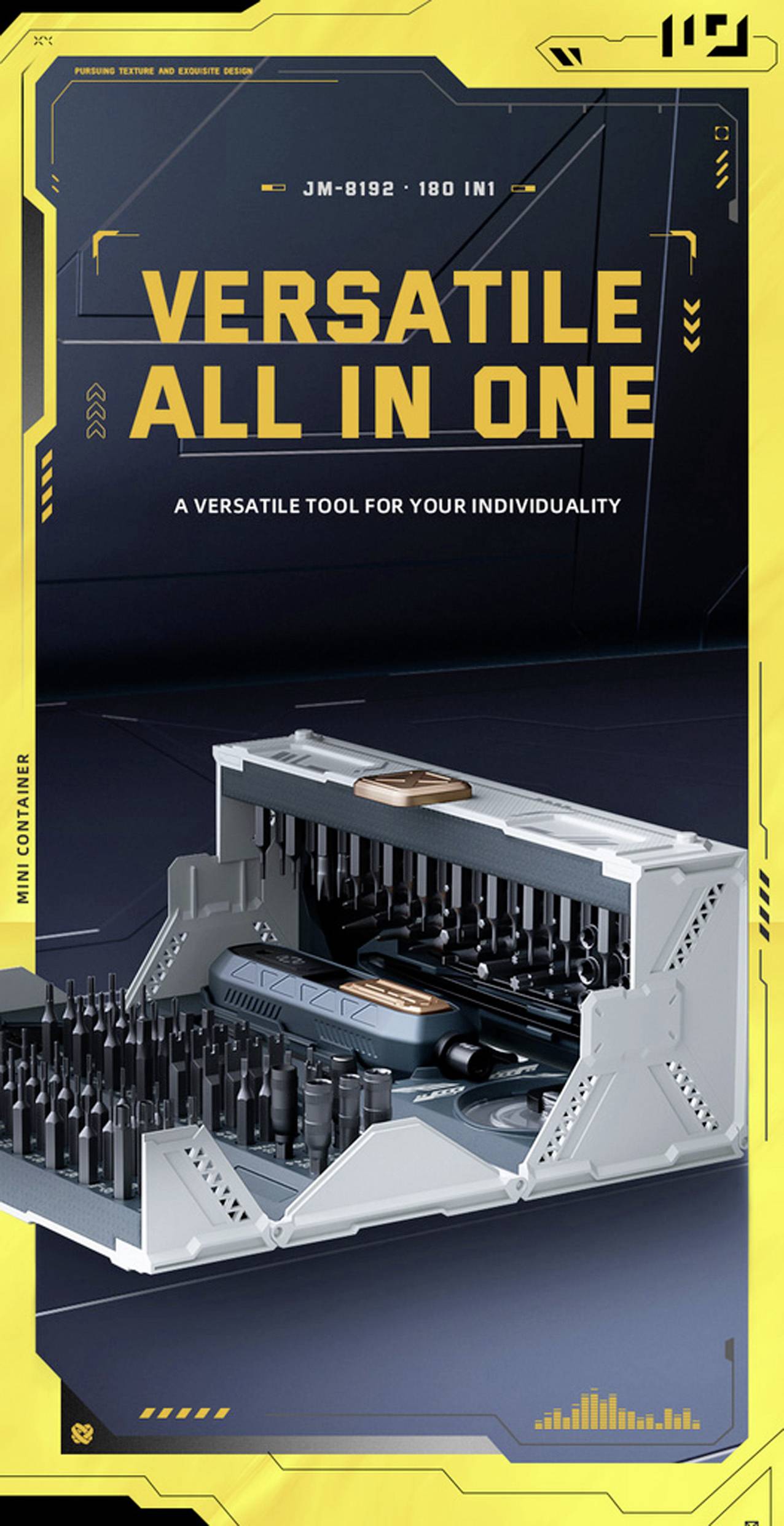 Wielofunkcyjny zestaw narzędzi 'Uniwersalny Wszystko W Jednym' z różnymi wymiennymi końcówkami. Tekst głosi: 'Uniwersalne narzędzie dla Twojej indywidualności'.