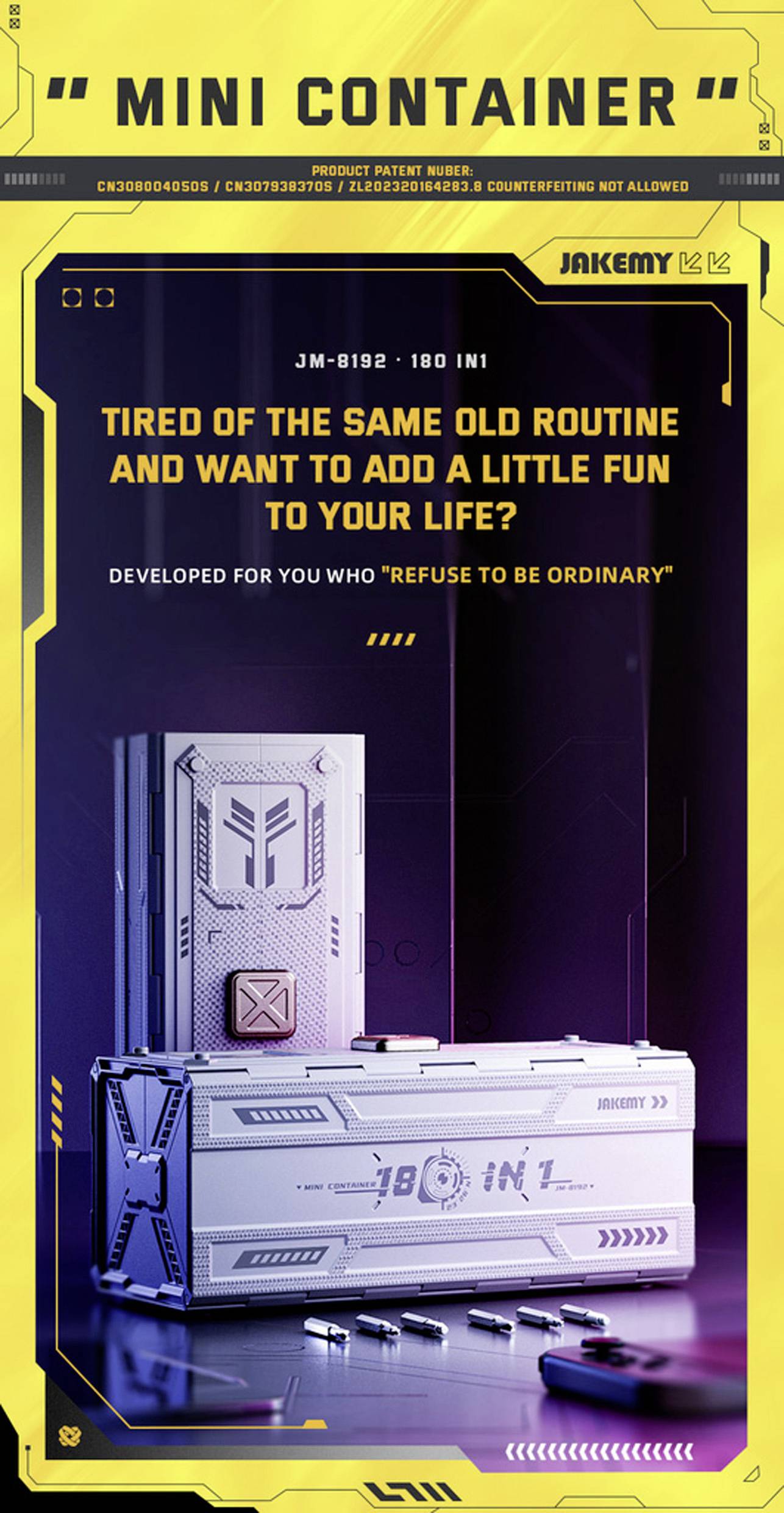 Plakat promocyjny 'Mini Container'. Przedstawia skrzynkę narzędziową z tekstem: 'Zmęczony monotonią i chcesz trochę urozmaicić swoje życie?'