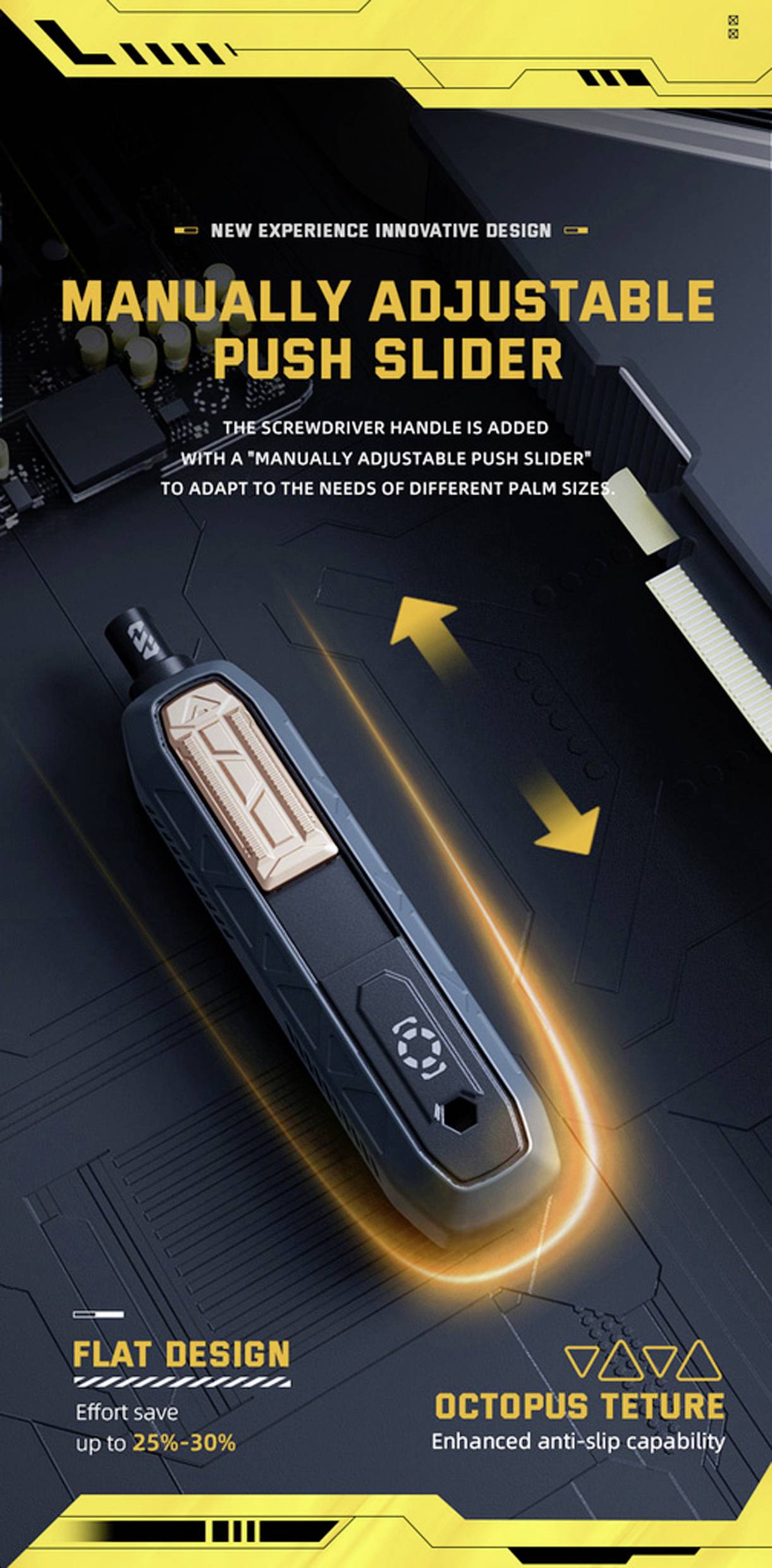 Śrubokręt 'Ręcznie Regulowany Przesuwny Suwak' na ciemnym tle. Opisuje płaski design, oszczędność wysiłku do 25%-30% oraz ulepszoną zdolność antypoślizgową.