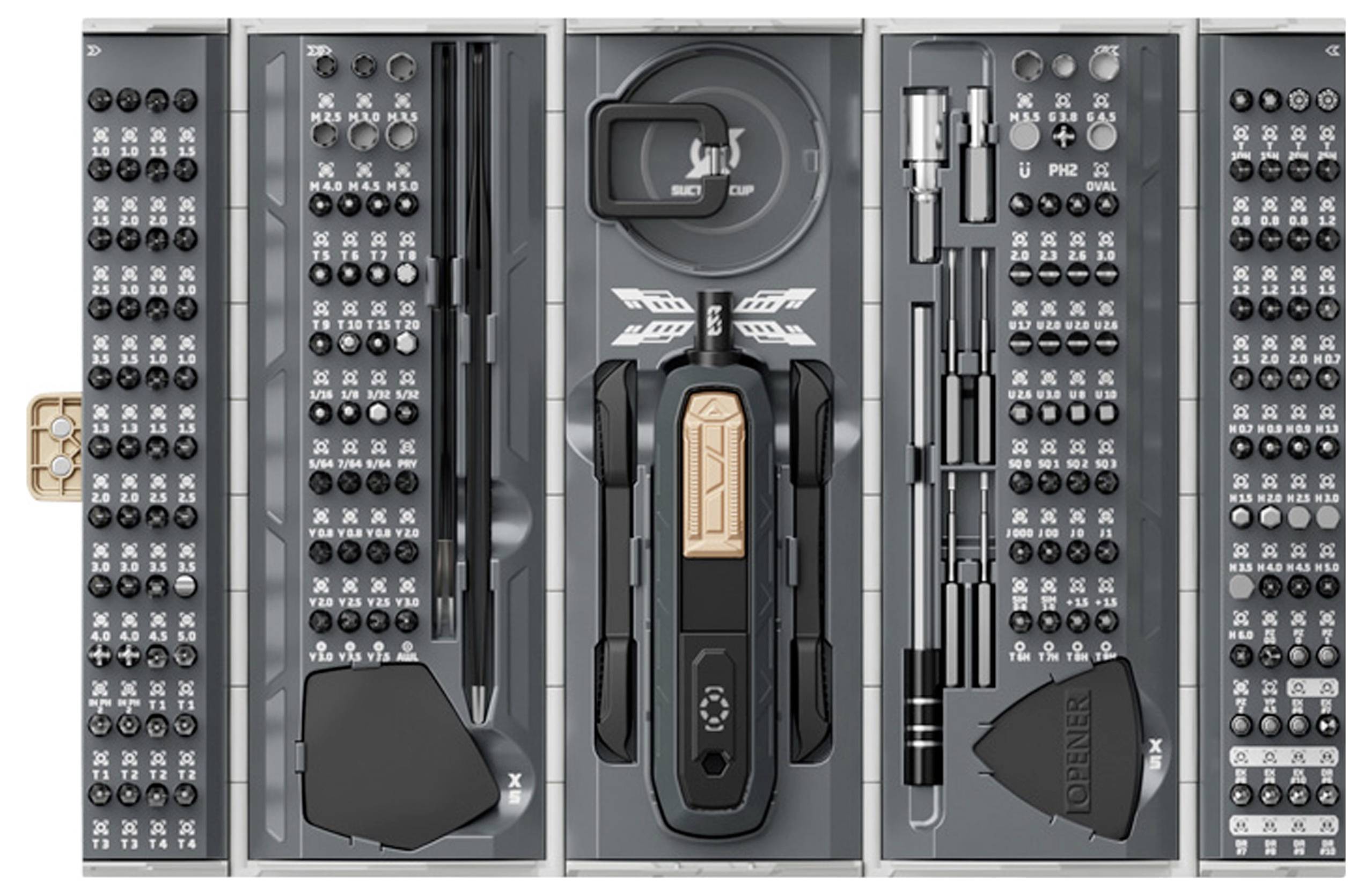 Kompaktowy zestaw wkrętaków z wieloma grotami i akcesoriami, starannie zorganizowany w czterech sekcjach, prezentujący różnorodne narzędzia do precyzyjnej pracy.