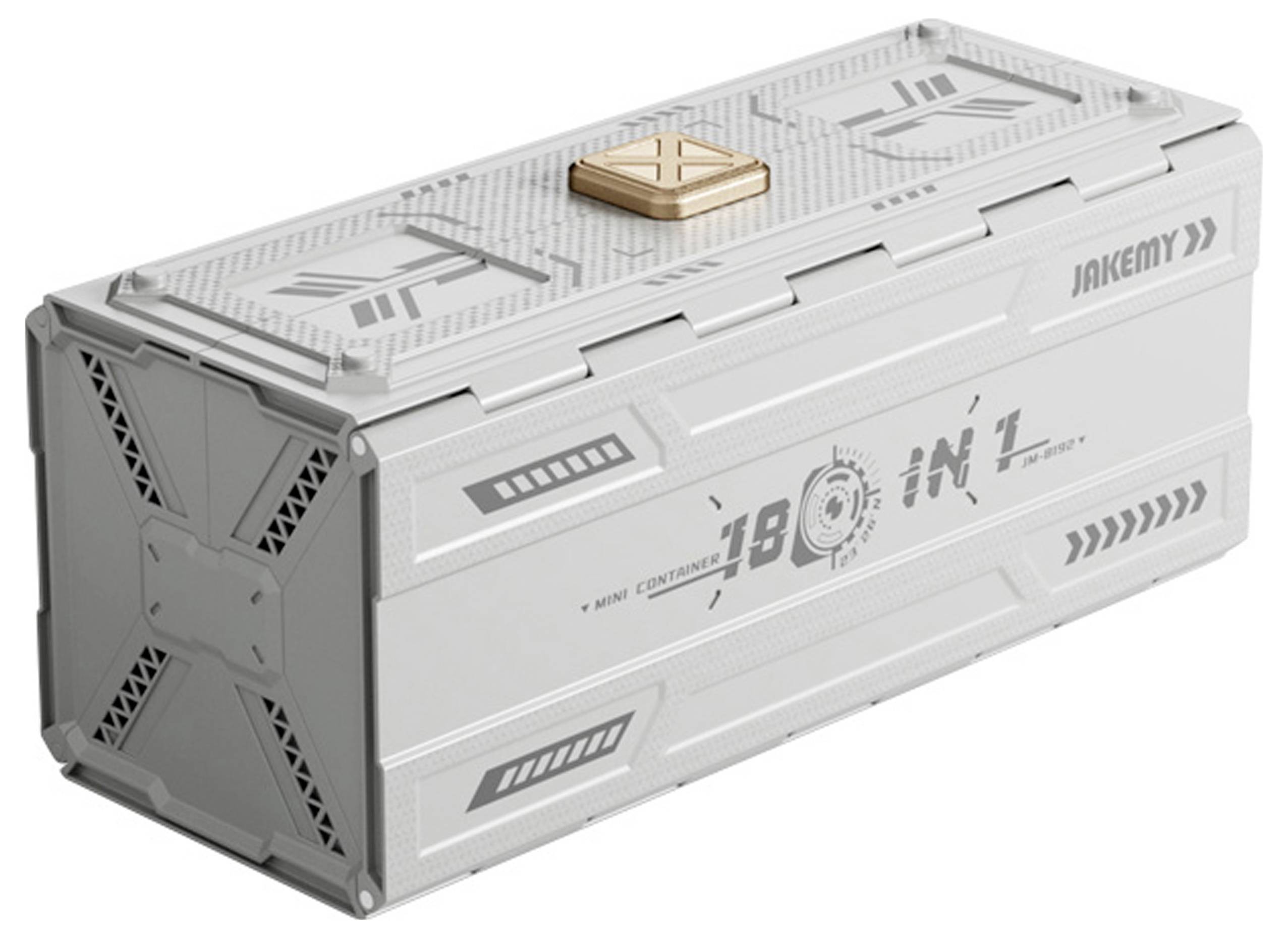 Prostokątne srebrne pudełko na narzędzia z miedzianym uchwytem na górze, oznaczone etykietą '18 w 1' i 'Jakemy', prezentujące swoją wielofunkcyjność.