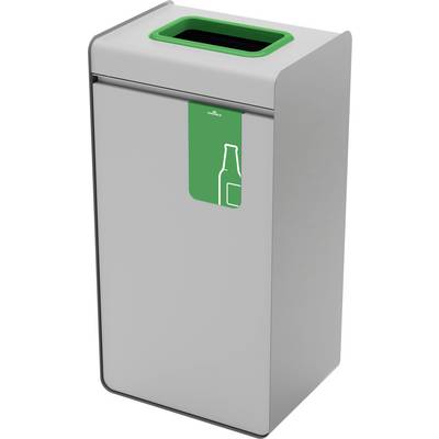 Nowoczesny, szary kosz do recyklingu z zieloną pokrywą, z ikoną butelki wskazującą, że jest przeznaczony do recyklingu szkła.