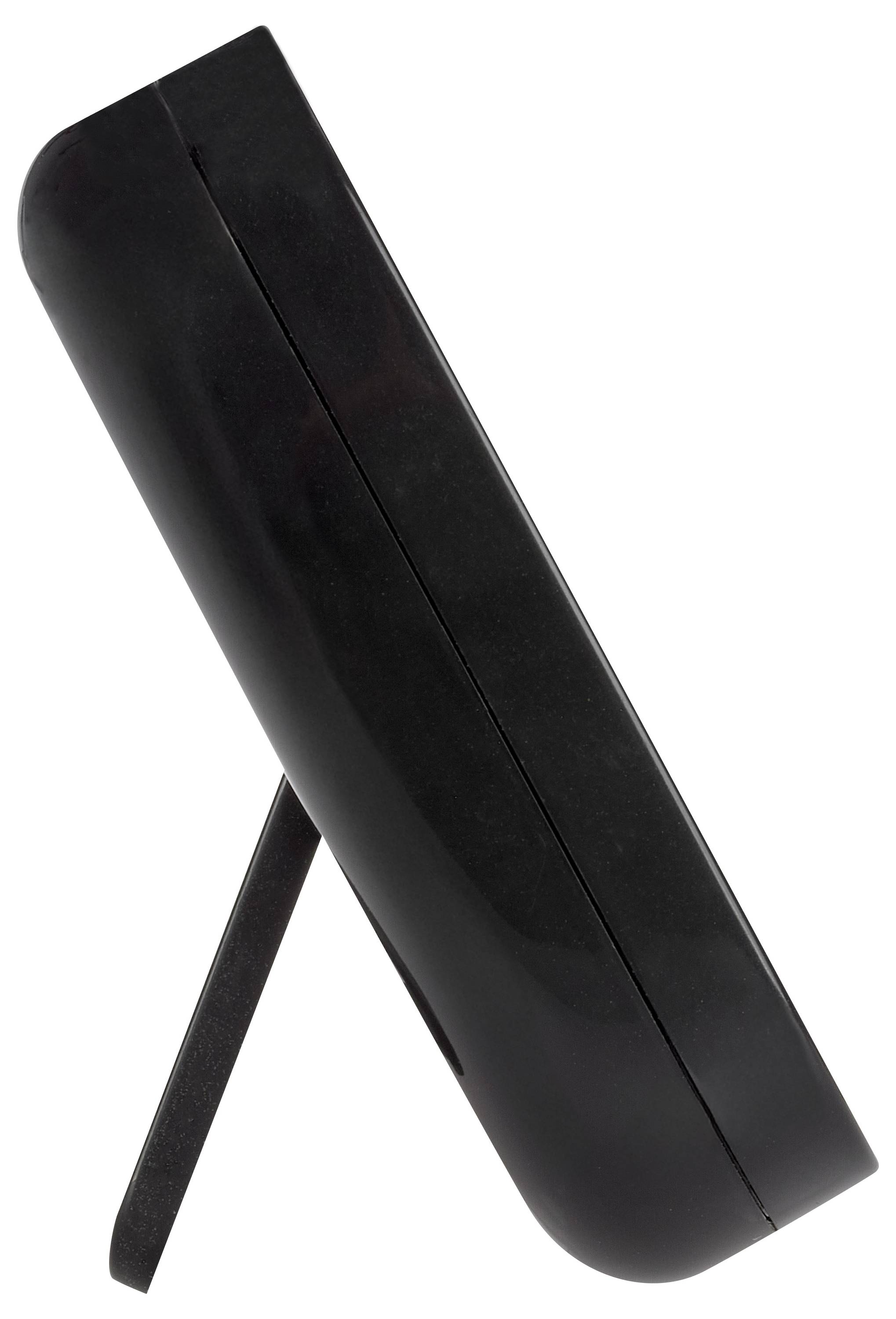 Czarna cyfrowa ramka do zdjęć prezentowana z boku, ukazująca jej smukły profil i podstawkę.