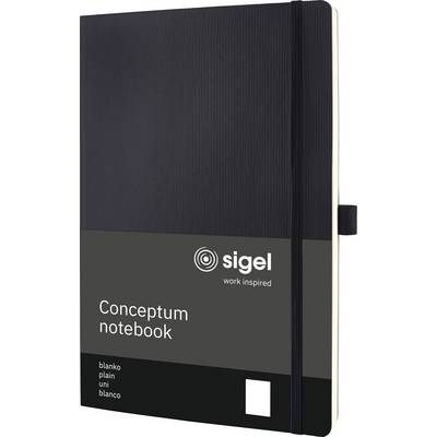 Czarny notes Sigel Conceptum z gumką recepturką i tekstem na okładce: 'Notes Conceptum - blanko, gładki, jednokolorowy, blanco'.