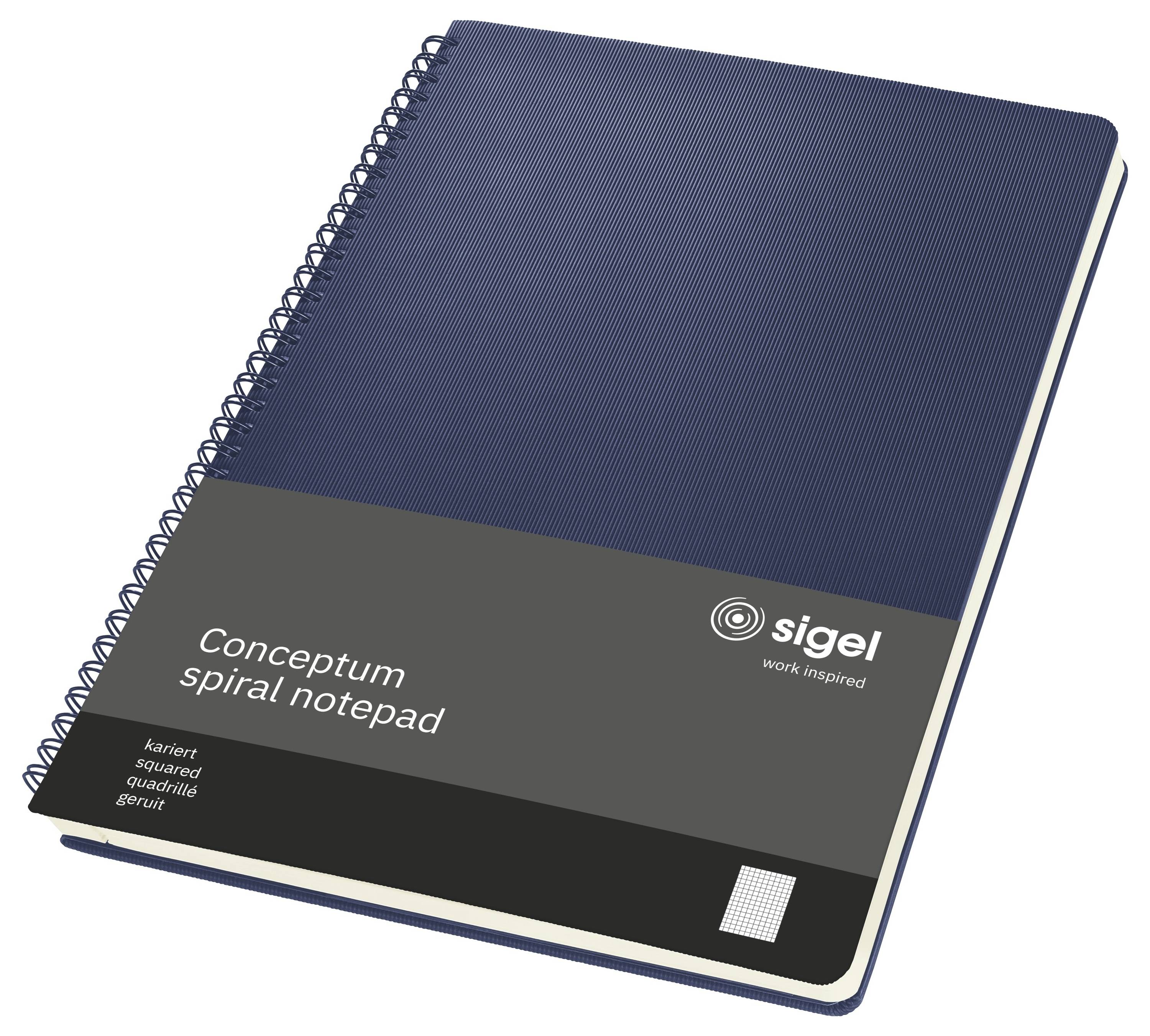 Niebieski notatnik ze spiralą na białym tle, oznaczony etykietą „Conceptum spiral notepad" z logo Sigel na okładce.
