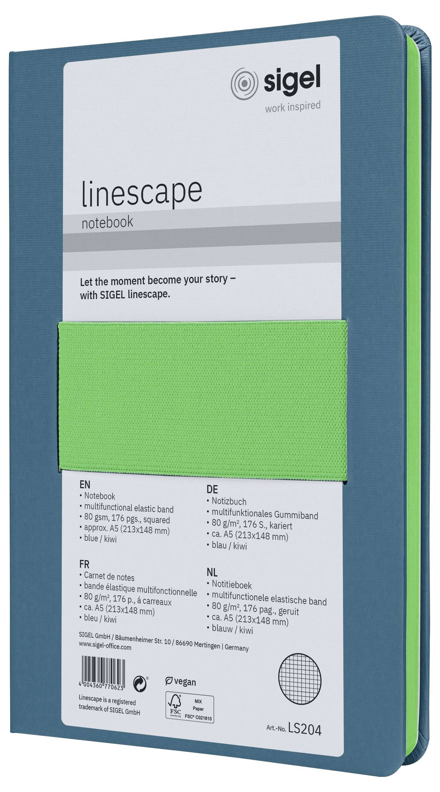 Блокнот Sigel LS204 Linescape з твердою обкладинкою DIN A5, формат середньої форми, синій, неоново-зелений. Кількість аркушів: 88.