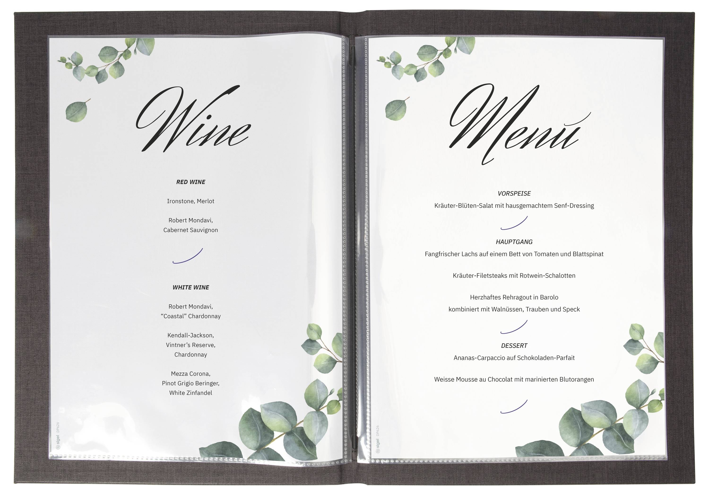 Otwarta broszurka menu win z dwiema stronami: lewa strona zawiera listę czerwonych i białych win; prawa strona zawiera listę przekąsek, dań głównych i deserów z nazwami potraw.