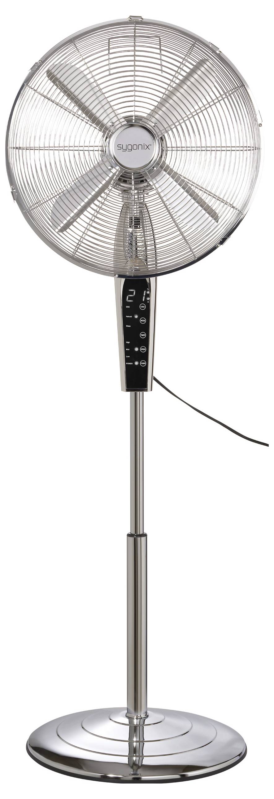 Напольный вентилятор Sygonix 50 Вт (диаметр x высота) 440 мм x 1300 мм, хромированный, светодиодный дисплей, функция вращения, пул
