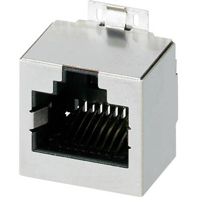 Metalowy gniazdo portu sieciowego RJ45 Ethernet z widocznymi stykami złącza, używane do podłączania kabla sieciowego.