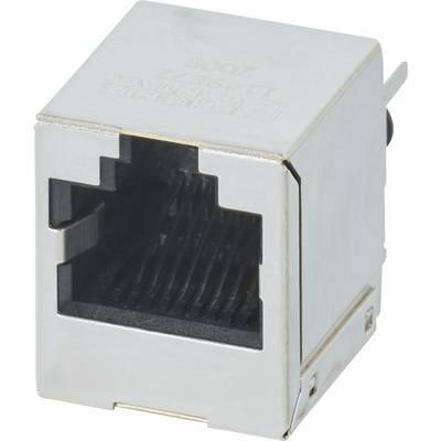 'Złącze sieciowe Ethernet wykonane z srebrnego metalu z otwartym gniazdem i widocznymi pinami wewnątrz, używane do podłączania kabli sieciowych.'