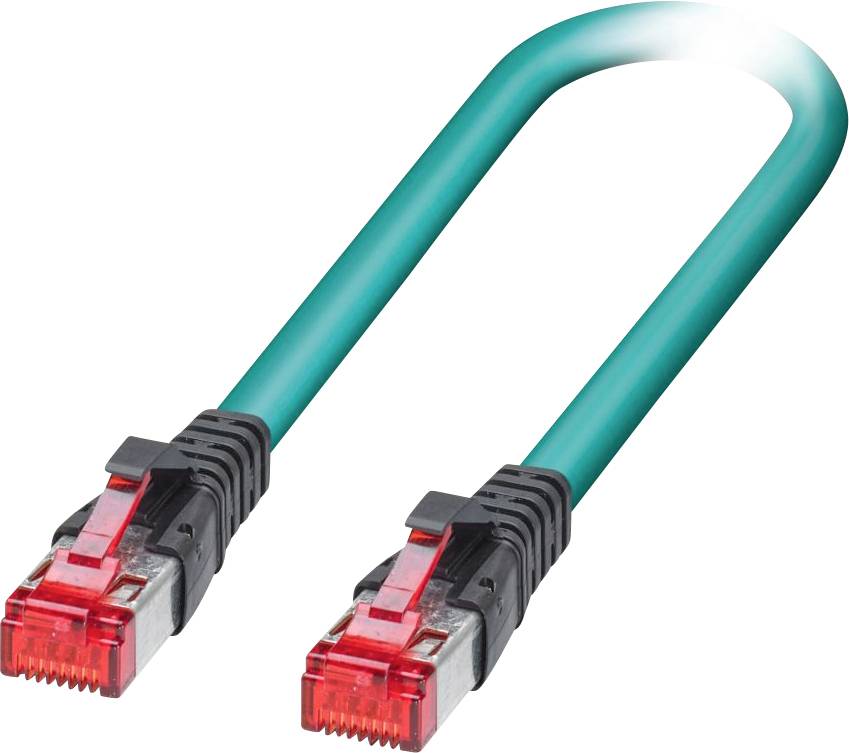 Turkusowy kabel Ethernet z czerwonymi złączami, używany do połączeń sieciowych.