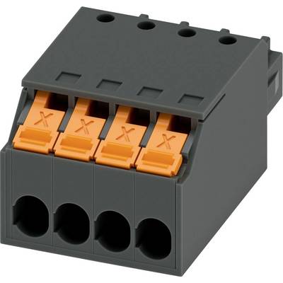 Czarny blok łączący z czterema pomarańczowymi zaciskami przewodowymi z dźwignią, zaprojektowany do łatwego podłączania przewodów w instalacjach elektrycznych.