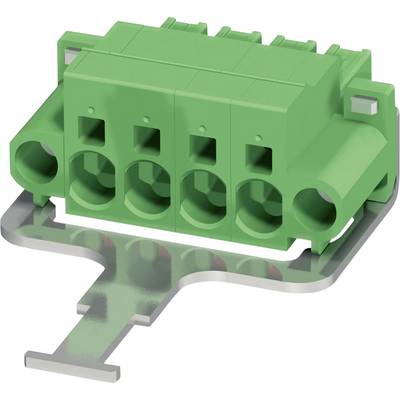 Zielony złącz elektryczny z czterema okrągłymi portami, zamontowany na metalowej podstawie, powszechnie stosowany w elektronice do pewnych połączeń.