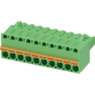Zielono-pomarańczowy blok łączący wielobiegunowy z wieloma gniazdami do przewodów elektrycznych, stosowany do tworzenia połączeń w zespołach elektronicznych.