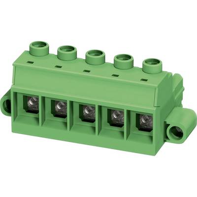 Zielony blok zaciskowy z pięcioma portami połączeniowymi i otworami wejściowymi u góry, powszechnie stosowany do prowadzenia instalacji elektrycznych w zastosowaniach przemysłowych.
