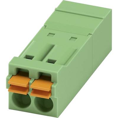 Zielony złącz elektryczny z dwoma pomarańczowymi dźwigniami, używany do zabezpieczania przewodów w obwodzie elektrycznym.