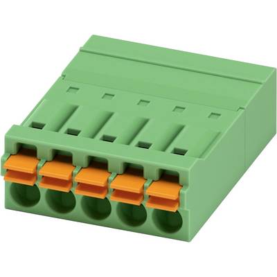 Zielony blok zaciskowy z pięcioma gniazdami i pomarańczowymi dźwigniami, stosowany do połączeń elektrycznych.