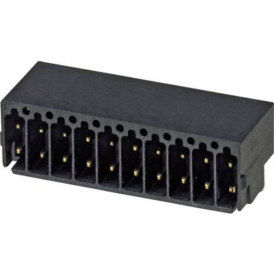 Czarny złącze nagłówkowe (header) o rozmiarze 2x5 pinów z pozłacanymi stykami, powszechnie stosowane w obwodach elektronicznych do łączenia elementów i urządzeń.