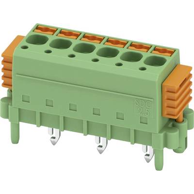 Zielono-pomarańczowy blok zaciskowy elektryczny z sześcioma punktami połączeniowymi, oznaczony etykietą 'SDC 2.5', odpowiedni do montażu na płytce drukowanej.