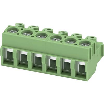 'Zielony blok zacisków śrubowych z pięcioma punktami przyłączeniowymi, stosowany do okablowania i połączeń elektrycznych w obwodach elektronicznych.'