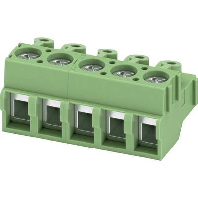 Zielony elektryczny blok zaciskowy z czterema śrubowymi złączami do mocowania przewodów.