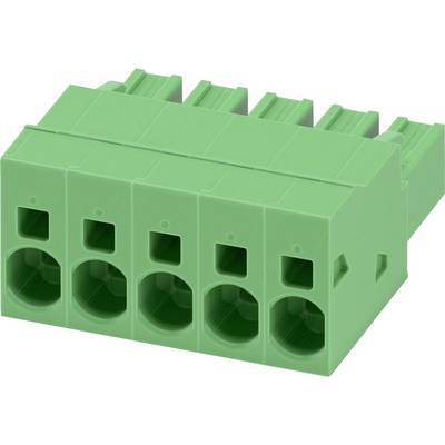 Zielony 5-pozycyjny blok zaciskowy z przyłączem wciskanym, ułożony pod kątem na białym tle, stosowany w zastosowaniach elektrycznych do prowadzenia przewodów.