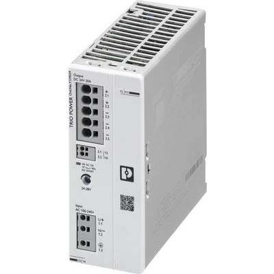 Zasilacz 'TRIO POWER', biały, o zakresie wejściowym AC 100-240V oraz wyjściowym DC 24V/20A. Wyposażony w szczeliny wentylacyjne i wielokrotne złącza.