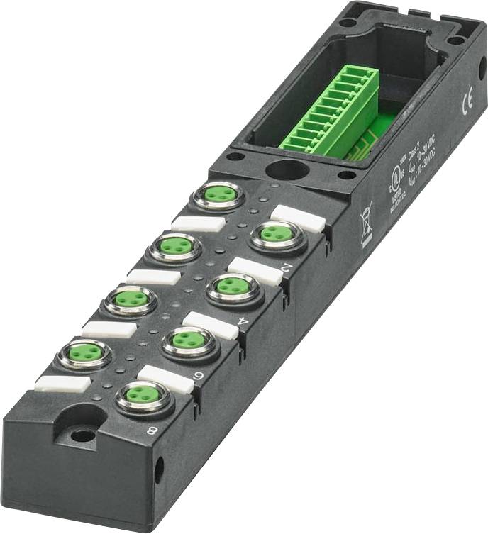 Przemysłowy moduł złącza elektrycznego z ośmioma portami i zielonymi listwami zaciskowymi, przeznaczony do systemów automatyki.