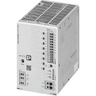 Prostokątna przemysłowa jednostka zasilająca z różnymi złączami elektrycznymi, oznaczona etykietą 'TRIO POWER', zaprojektowana do zasilania 24V DC o natężeniu prądu 20A.