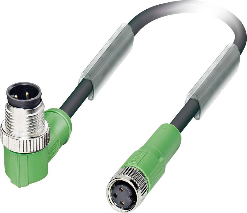 Zielony kabel złącza M12 z końcówką męską kątową i żeńską prostą, stosowany do połączeń przemysłowych.