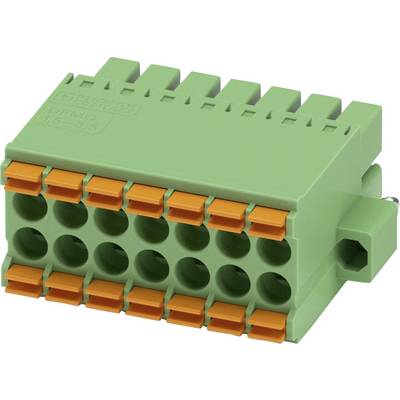Zielony i pomarańczowy złącze elektryczne z wieloma gniazdami i stykami do zastosowań przewodowych, wyposażone w plastikową obudowę.