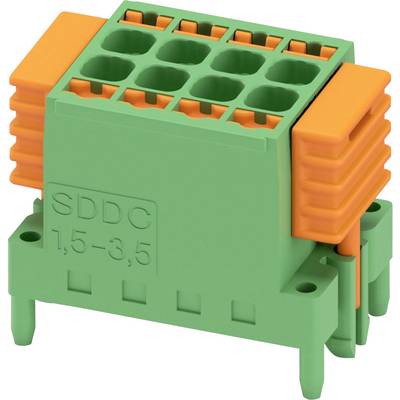 Zielono-pomarańczowy blok zaciskowy z wieloma punktami przyłączeniowymi, oznaczony etykietą 'SDDC 1.5-3.5', używany do podłączeń elektrycznych.