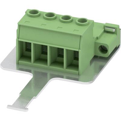 Zielony blok łączący z czterema otworami terminalnymi zamontowany na płycie metalowej, zazwyczaj stosowany do połączeń elektrycznych.