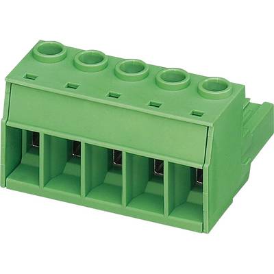 Zielony blok elektryczny z zaciskami, posiadający pięć punktów przyłączeniowych, służący do bezpiecznego łączenia przewodów elektrycznych.