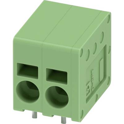 Dwupozycyjny zielony blok zaciskowy PCB z dwoma punktami wprowadzenia przewodów i metalowymi stykami pinowymi, używany do połączeń elektrycznych na płytkach drukowanych.
