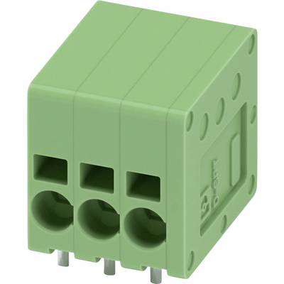 Zielony trójpinowy blok zaciskowy z otworami bocznymi do bezpiecznego podłączania przewodów, odpowiedni do obwodów elektrycznych i elementów elektronicznych.