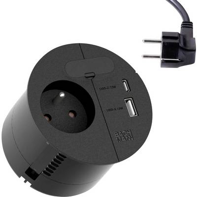 Czarny, okrągły włącznik zasilania do blatu z jednym standardowym gniazdem oraz dwoma portami USB-A z boku, podłączony przewodem zasilającym.