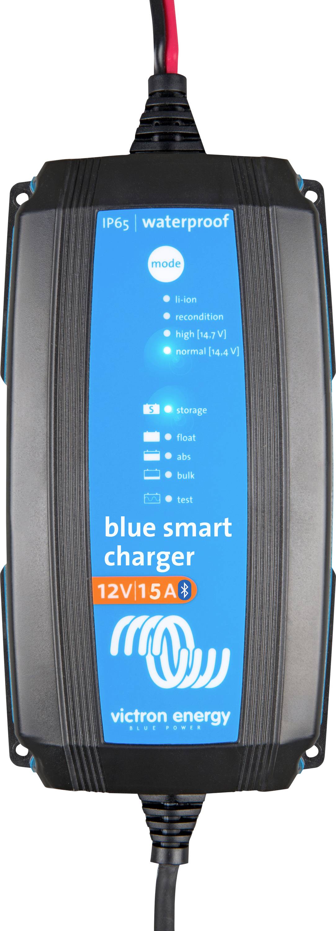 'Ładowarka Victron Energy Blue Smart, 12V 15A, wodoszczelna IP65. Wskaźniki trybu pracy, zasilania, absorpcji, ładowania zasadniczego, magazynowania, pełnego naładowania baterii.'