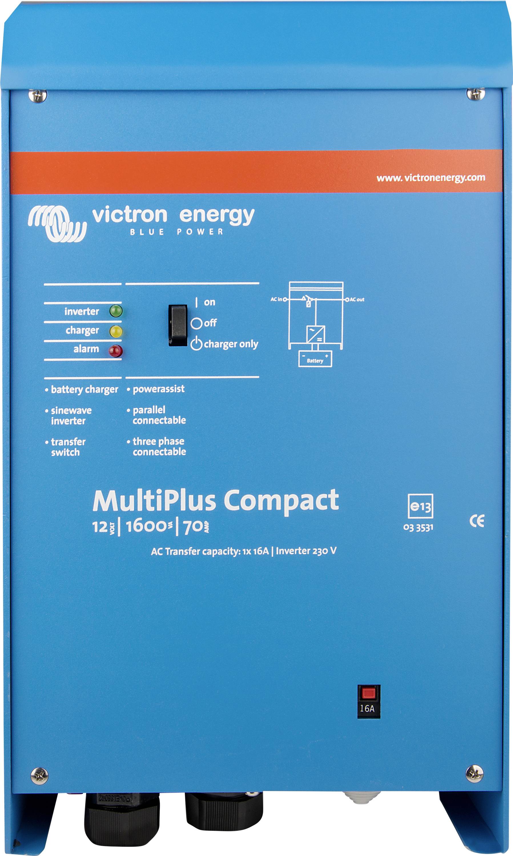 Niebieski inwerter i ładowarka Victron Energy MultiPlus Compact, z widocznymi ikonami stanu inwertera, ładowarki i alarmu oraz specyfikacją poniżej.