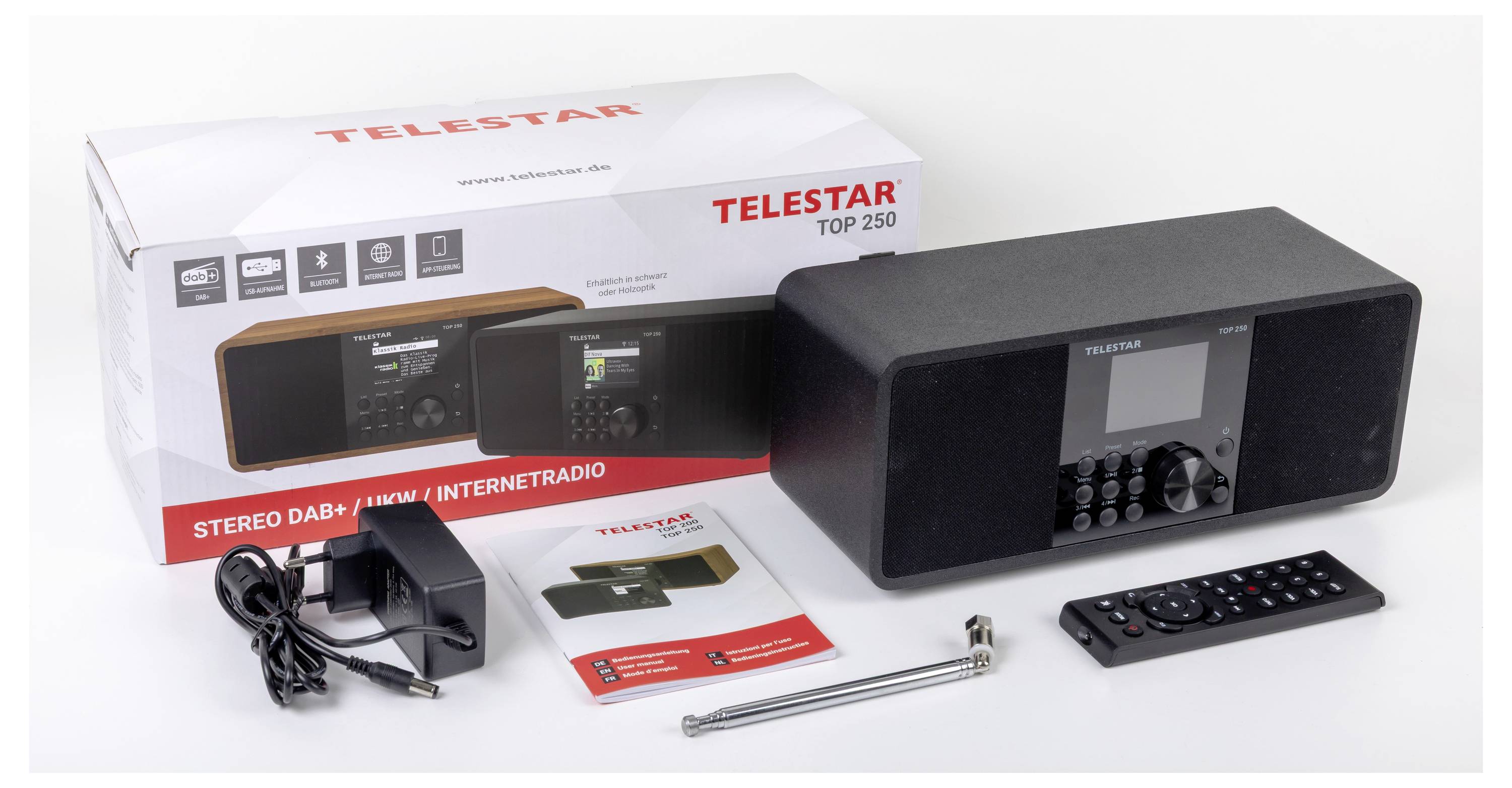 Radio stereo TELSTAR TOP 250 DAB/UKW/internetowe z pilotem, anteną, zasilaczem oraz opakowaniem zawierającym zdjęcie produktu i jego szczegółowe informacje.